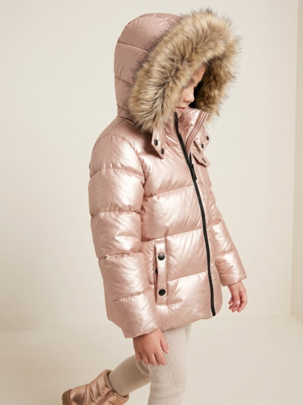 Sam Edelman Girls' Shimmer Pink Puffer Coat with Faux Fur Hood